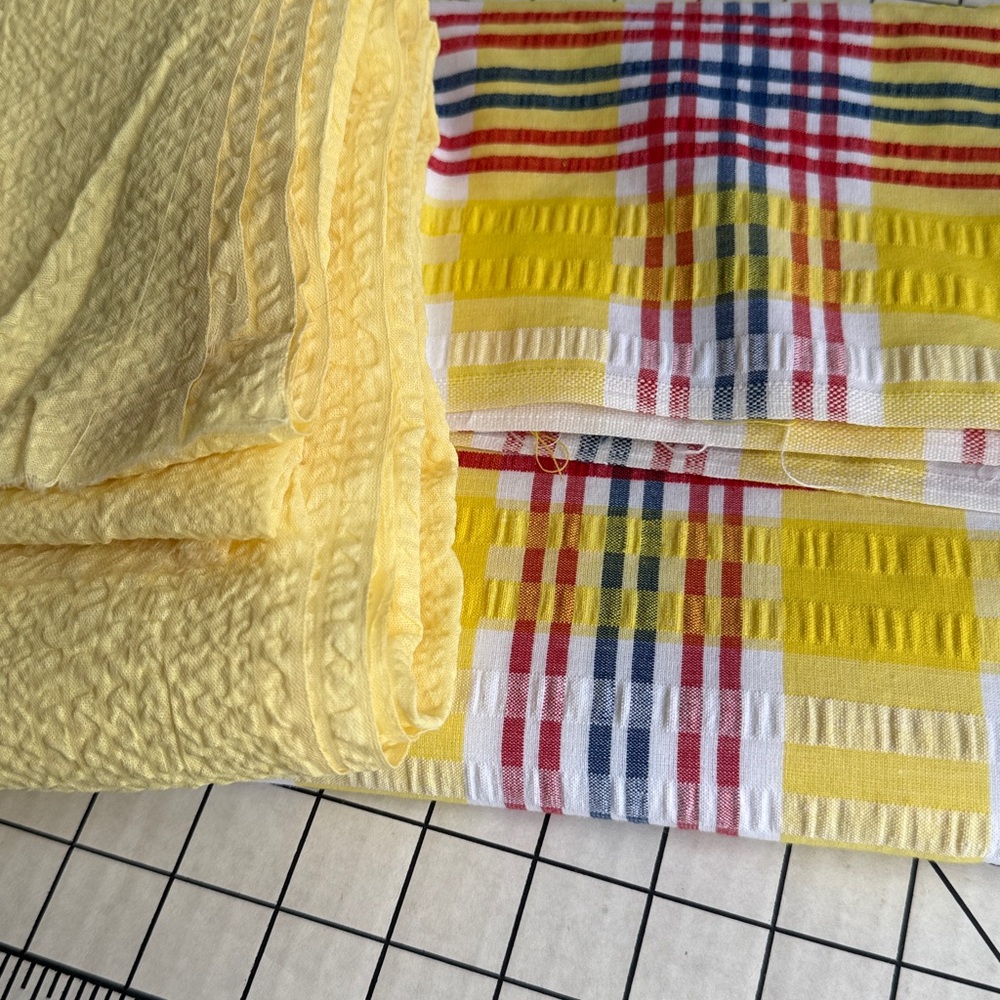 Vintage Seersucker Plaid Fabric + Yellow Textured Cotton 1960s 70s 4 Yards Total